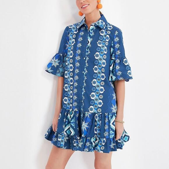 La Double J Choux Costiera Blue Print Flounce Cotton Poplin Mini Shirt Dress - Picture 1 of 16